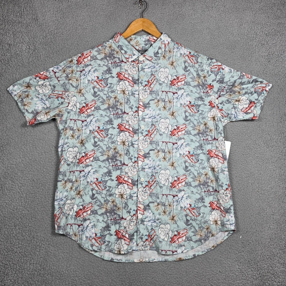 Berkley Jensen Shirt Mens 2XL Light Green Floral Pickup Truck All Over Print NEW